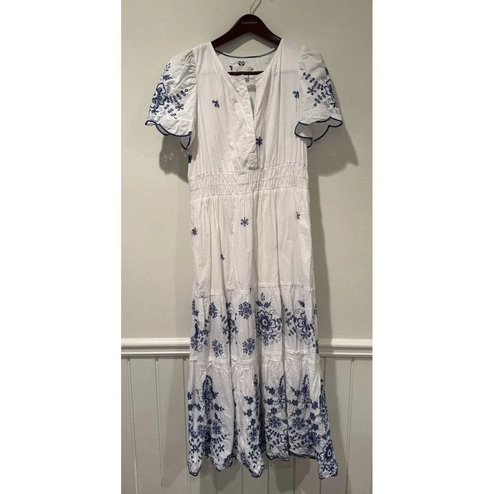 Anthropologie The Somerset Maxi Dress Womens Embroidered Eyelet Large Blue White - Picture 5 of 9